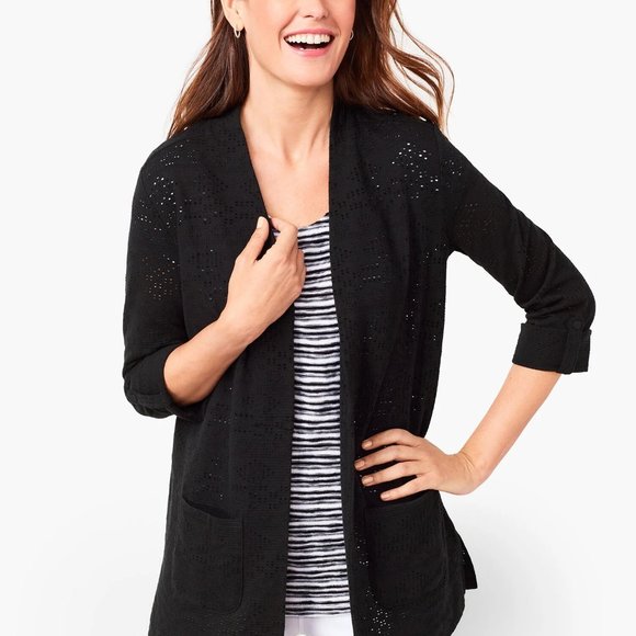T by Talbots Diamond Textured Open Front Cardigan Black Sz M NWOT - Picture 3 of 11